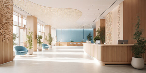 Illustration of modern hotel lobby space. sleek front desk with a white counter parametric design. AI Generative.