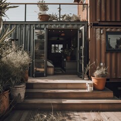 Poster - Modern metal building made from shipping containers and in forest and blue sky background. container house design in forest. Generative Ai