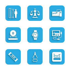 Sticker - Set Wrist watch, Drawing compass, Graph, schedule, chart, diagram, Multimeter, voltmeter, Construction bubble level, Diameter, Measuring instrument and height body icon. Vector