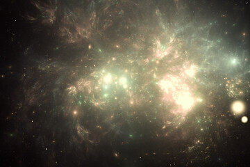 yellow glowing clouds of stardust in black space. abstract fractal 3d rendering