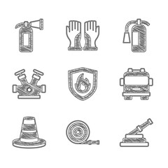 Sticker - Set Fire protection shield, hose reel, truck, Traffic cone, hydrant, extinguisher and icon. Vector