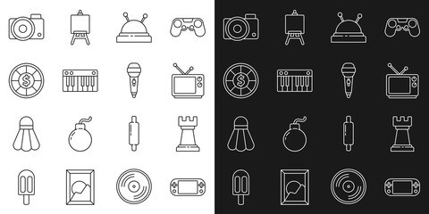 Canvas Print - Set line Portable video game console, Business strategy, Retro tv, Needle bed and needles, Music synthesizer, Casino chips, Photo camera and Microphone icon. Vector