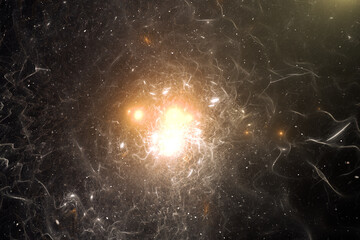 Wall Mural - yellow glowing clouds of stardust in black space. abstract fractal 3d rendering