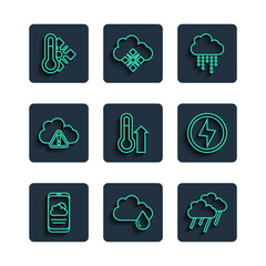 Poster - Set line Weather forecast, Cloud with rain, Meteorology thermometer, Storm warning, and Lightning bolt icon. Vector