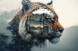 Striped bengal tiger in double exposure merge its head with wondrous lush forest design in background as majestic adventurous wildlife in nature by Generative AI.
