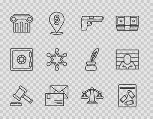 Poster - Set line Judge gavel, Evidence bag and bullet, Pistol or gun, Envelope, Law pillar, Hexagram sheriff, Scales of justice and Prisoner icon. Vector