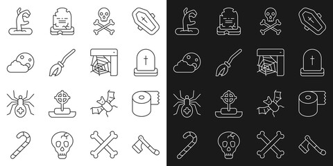 Wall Mural - Set line Wooden axe, Toilet paper roll, Tombstone with RIP written, Skull crossbones, Witches broom, Moon and stars, Zombie hand and Spider web icon. Vector