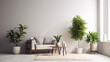 © Supersubstd - Modern living room with sofa and potted plant, minimalist background. Minimalist room with cozy furniture.