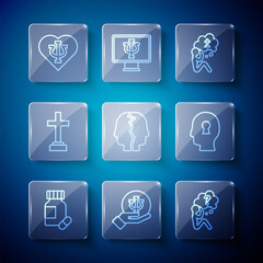 Sticker - Set line Sedative pills, Psychology, Psi, Head with question mark, Man graves funeral sorrow, Bipolar disorder, Graves, and Solution to the problem icon. Vector