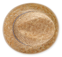 Wall Mural - Gardening wicker straw hat, top view isolated on white background, spring concept for home gardening or vegetable garden and plant care.