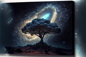 Modern abstract tree with magical neon light on fantasy tree frame against mystical starry night sky in the forest with background of milky way galaxy for room decorative art. Superb Generative AI