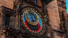 Prague Astronomical Clock In The Old Town Of Prague. Timelapse Scene Of The Clock Moving Through Time. 