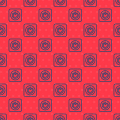 Wall Mural - Blue line Power button icon isolated seamless pattern on red background. Start sign. Vector