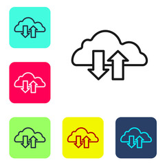 Poster - Black line Cloud download and upload icon isolated on white background. Set icons in color square buttons. Vector