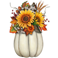 watercolor fall composition with pumpkin, sunflowers, dry herbs