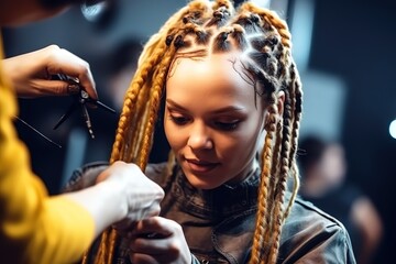 Hairstylist braided doing afro braids dreadlocks on young woman. Generative AI