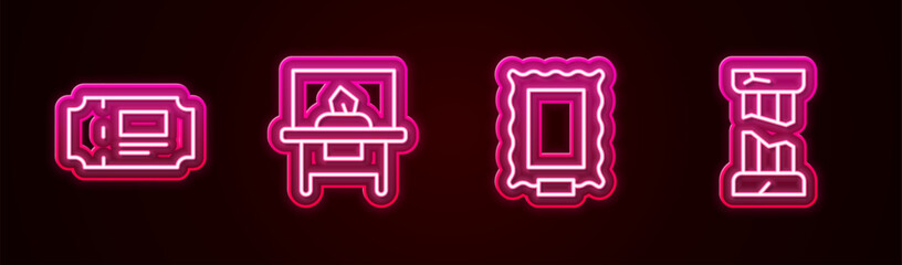 Poster - Set line Museum ticket, Glass showcase for exhibit, Picture and Broken ancient column. Glowing neon icon. Vector