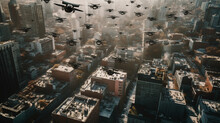 A Swarm Of Technologically Advanced Drones Flying Above Modern City Blocks In A Menacing Way At Mid Day -Generative AI