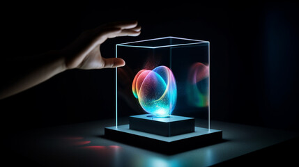 A colorful array of of shaped lights trapped in a glass box, forming holographic waves as a symbol of technology - Generative AI