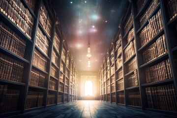 a long room filled with lots of books and a lamp. generative ai