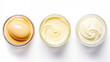 Homemade mayonnaise and mayonnaise ingredients isolated on a white background. Top view. Generative Ai