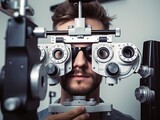 Fototapeta Łazienka - A person using the equipment to measure the diopters of the eyes. Ai Generative.