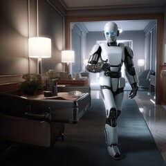 Robot butler inside a luxurious house. Ai Generative.