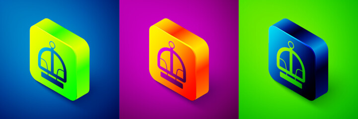 Poster - Isometric Attraction carousel icon isolated on blue, purple and green background. Amusement park. Childrens entertainment playground, recreation park. Square button. Vector