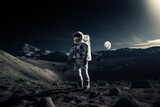 Fototapeta Kosmos - An American astronaut walking on a distant planet with planet Earth in the background. The image has a high contrast and is shot in a cinematic movie still style. Generative AI.