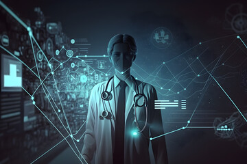 Healthcare and medical concept. Medicine doctor with stethoscope in hand with icon medical network and patients come to the hospital background made with Generative AI