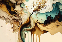Tan Cream Teal Ink Paint Cloud Alcohol Drip Liquid Flow Wave Abstract Splatter Color Marble Background Wallpaper