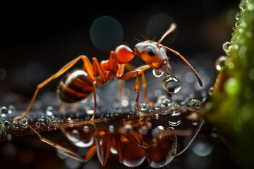 Very close and detailed macro portrait of an ant on a dark background. Generative ai