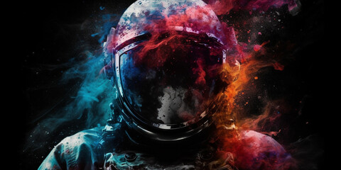Portrait of astronaut exploring a colorful nebula in cosmos. Generative AI