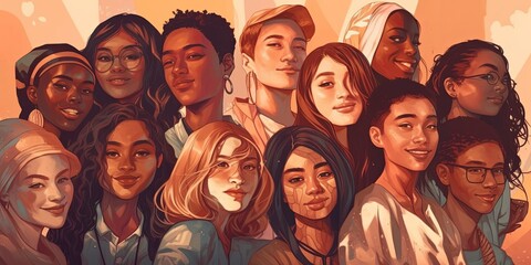 A group of young friends from different races and ethnicities who promote racial diversity and reject any form of discrimination, Generative AI.