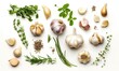 Garlic and herbs isolated on white background, top view, generative AI