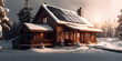 Modern house with solar panel in winter. Photovoltaic solar panels in modern house roof. Alternative and Renewable energy concept. Modern house with snow. AI generative