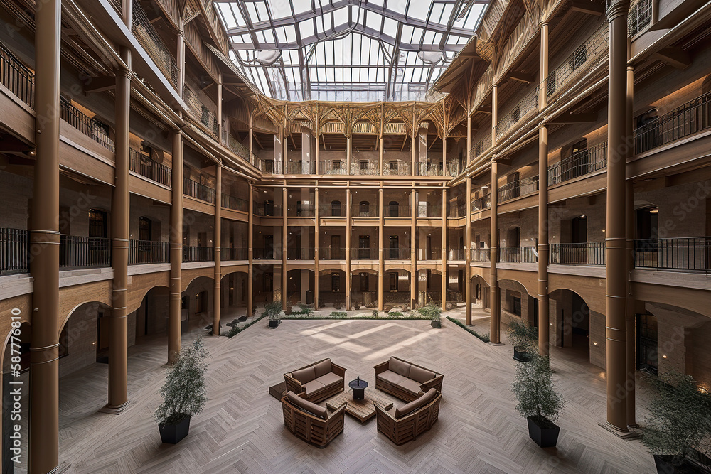 Generative AI illustration of Experimental Architecture Design, massive open atrium, timber frame, grandeur, tall ceilings