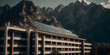 Modern hotel with solar panel installation, mountains in background. Photovoltaic solar panels in modern cool hotel roof. Alternative and Renewable energy concept. Eco tourism. Generative ai