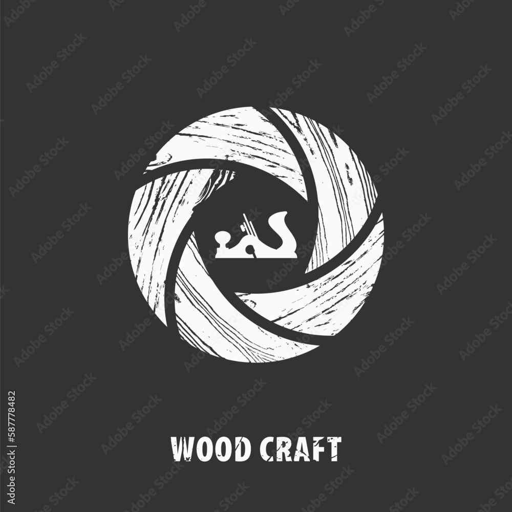 Wood craft logo in gray. Woodworks professional service.  Aperture diaphragm in wood texture and jointer. Stock vector  in gray for your web site design, logo, app, UI. EPS10.