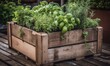 Wooden crate with a variety of fresh green potted culinary herbs growing outdoors in a backyard garden, generative AI