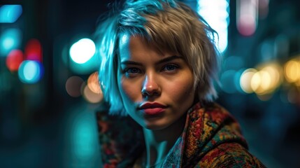 A young and stylished beautiful woman closeup portrait. She's walking on the city of cyberpunk.