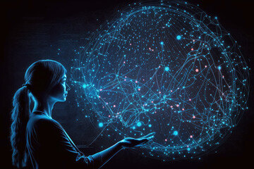 Big data concept, digital neural network, business woman hand touching Introduction of artificial intelligence, cyberspace of future, science and innovation of technology. Generative AI