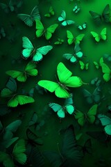 Wall Mural - many bright green butterflys flyed, generative IA