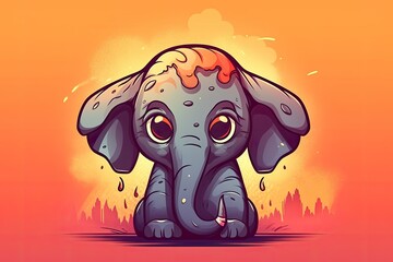 Sticker - cute elephant sitting with a cityscape in the background. Generative AI