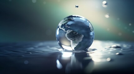 Wall Mural - World globe crystal glass reflect on blue glossy table. Global business and economy. Environmental conservation or ecology concept. Generative ai