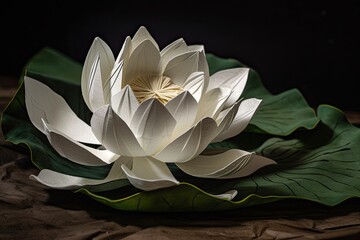 Wall Mural - delicate white flower resting on a vibrant green leaf. Generative AI