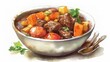 Illustrate a rich and hearty watercolor painting of a bowl of beef stew on a white background, using bold colors and intricate detailing to convey its warmth and heartiness Generative AI