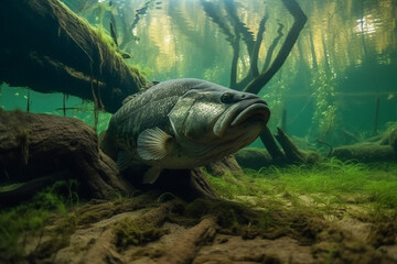 Wall Mural - largemouth bass underwater among snags generated by AI