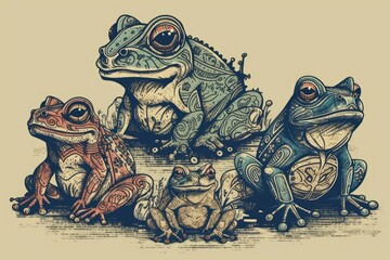 Wall Mural - group of colorful frogs perched on a lily pad. Generative AI