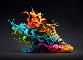 Bright sports sneakers in colorful puffs of paint on a dark gray background. creative design. Generative AI